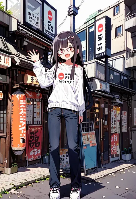 score_9, score_8_up, score_7_up, rating_safe, masterpiece, best quality, absurdres, unity 8k wallpaper, official art, official style, source_anime, uncensored, game cg, megami magazine,
1girl, solo, glasses, black hair, long hair, white ribbed sweater, jeans, happy, smile, looking at viewer, open mouth, solo focus, waving,
tenkaippin, storefront, scenery, no humans, sign, outdoors, real world location, building, street, road, city, lamppost, trash can, power lines, cityscape, alley, day, utility pole, window
<lora:tenichi_pony_V1:1>