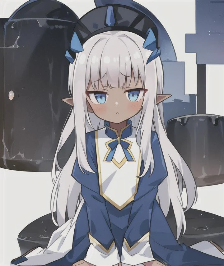 1girl, carlamyhealer, long silver hair, bangs, dark skin, blue outfit <lora:cr4vumle878c73aqu0og:0.7>