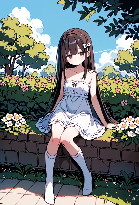 score_9, score_8_up, score_7_up,(((adult))), 25 years old,, 1woman, plump body, , tiny breasts, , sub-saharan african, white long bob hair,, depressed, reclining, sitting, sitting sideways , against railing, outside, garden, park, grass, flowers, strapless dress,0.3::kneehighs, ,