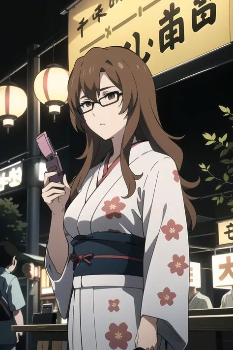 (absurdres:1.1, highres:1.1, ultra detailed:1.1)
1girl, ChopioMoeka
brown hair, long hair, brown eyes, glasses
mature female
(looking at flip phone:1.6), hand up, (holding flip phone:1.4)
(floral print kimono, yukata:1.2)
(expressionless:1.1), parted lips, standing, cowboy shot
BREAK
outdoors, night, omatsuri, people, yatai, (lantern:1.2), road, street
<lora:75_3_Moeka:0.6> <lora:GoodHands-vanilla:1.2> <lora:omatsuri_V4_1.0_OUTD_Resize_DIM8:0.6>