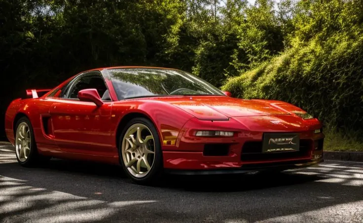 (masterpiece, best quality), car focus, backlighting, lens flare, depth of field, car, sports car, NSXNA1, (red car:1.3), bright,beautiful detailed sky, mountain, hill, touge, trees, road sign, parapet, Winding road, drift, villa, cityscape, city background,  <lora:hondaNSXNA1CarLORA_v10:0.9>