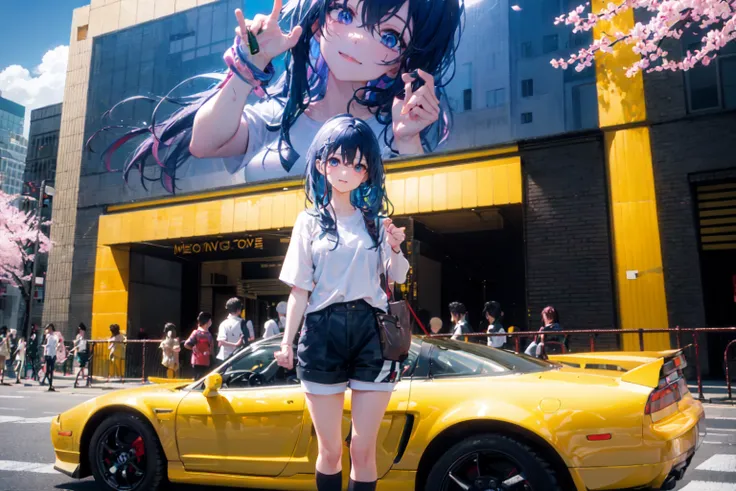 (masterpiece, best quality), backlighting, lens flare, wide shot , fisheye ,(face focus, depth of field, close-up:1.5), ultra-detailed, illustration, colorful, (falt color:1.3), (imid shot:1.3), Dynamic angle, wide angle, upperbody,
(1girl, standing, standing in front of car:1.7), shiny eyes, deatiled face, long hair, hair between eyes, blue hair, shiny hair, shiny skin, white shirt, denim shorts, sneakers, black thighhighs, light smile,
NSXNA1, moving, speed, driving,
bright,beautiful detailed sky, city, street, skyscraper, tokyo, shibuya \(tokyo\), cherry blossoms, sakura,
<lora:NSXNA1_v1:0.8>