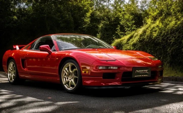 (masterpiece, best quality), car focus, backlighting, lens flare, depth of field, car, sports car, NSXNA1, (red car:1.3), bright,beautiful detailed sky, mountain, hill, touge, trees, road sign, parapet, Winding road, drift, villa, cityscape, city background, <lora:hondaNSXNA1CarLORA_v10:0.9>