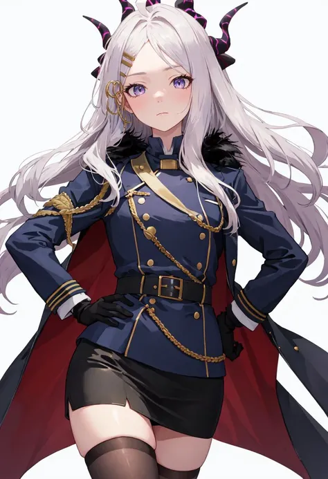 best quality, masterpiece, highres, solo, (hina_bluearchive:1.10), 1girl, black gloves, black skirt, jacket, long sleeves, looking at viewer, military uniform, pencil skirt, belt, coat on shoulders, forehead, side slit, black thighhighs, armband, fur-trimmed coat, zettai ryouiki, black coat, closed mouth, simple background, miniskirt, cowboy shot, hand on own hip, white background, 11 <lora:hina_bluearchive:0.80>
