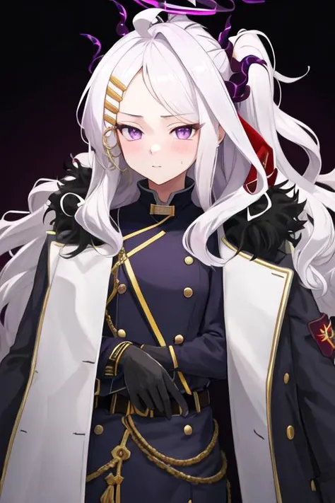 best quality, masterpiece, highres, solo, {hina_bluearchive:1.15}, long_hair, white_hair, horns, bangs, purple_eyes, parted_bangs, ahoge, demon_horns, hair_ornament, hairclip, halo, blush, multiple_horns, very_long_hair, 1girl, black_gloves, coat, fur_trim, gloves, looking_at_viewer, uniform, coat_on_shoulders, fur_collar, long_sleeves, military, military_uniform, upper_body