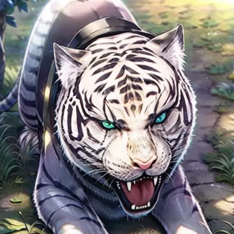 tiger, no humans, animal, looking at viewer, animal focus, green eyes, white tiger, blue eyes, colored sclera , <lora:girlAndAnimal_v10:1>