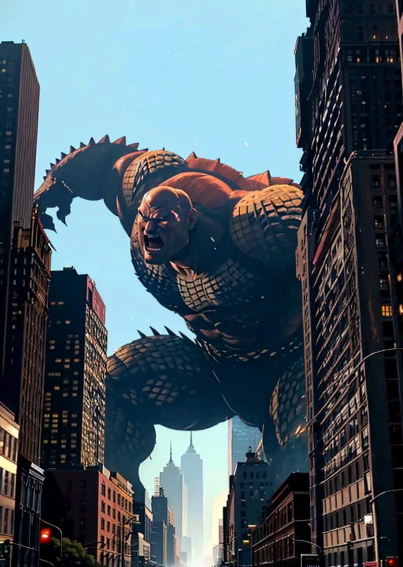 full shot, action shot, giant monster (mitch_pileggi:1.4), scaly skin, balding, reptile skin, angry, destroying new york city, looking at viewer, wrecked cars, crushed buildings, rampage, smashing buildings, kaiju, panicking crowd on city streets, looking up, <lora:mitch_pileggi:1>