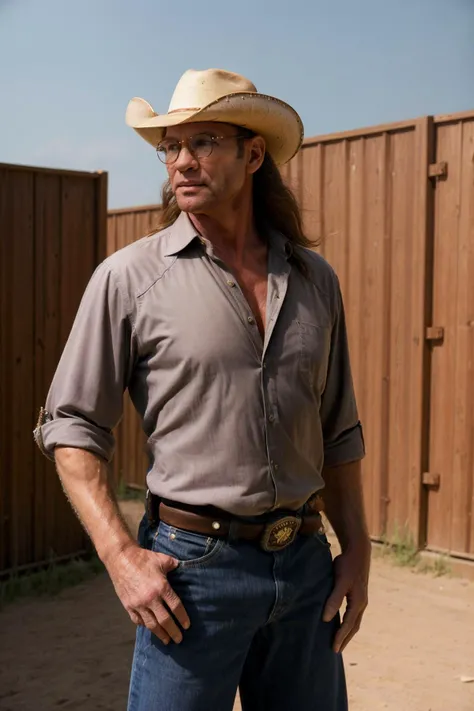 man, 40 years old, <lora:mitch_pileggi:0.8> mitch pileggi, long hair, cowboy hat, glasses, shirt, highly detailed, 8k, cinematic, realistic,