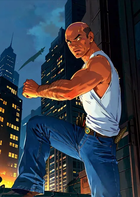 action shot, thin and wiry mitch_pileggi, white tank top shirt, clenched fists, (scaly patches on skin:1.1), balding, (reptile skin:1.1), angry, ready to fight, toothpick in mouth, looking at viewer, new york streets at night in background, skyscraper buildings, unhappy look, blue jeans, villain, city lights, supervillain, <lora:mitch_pileggi:1.3>