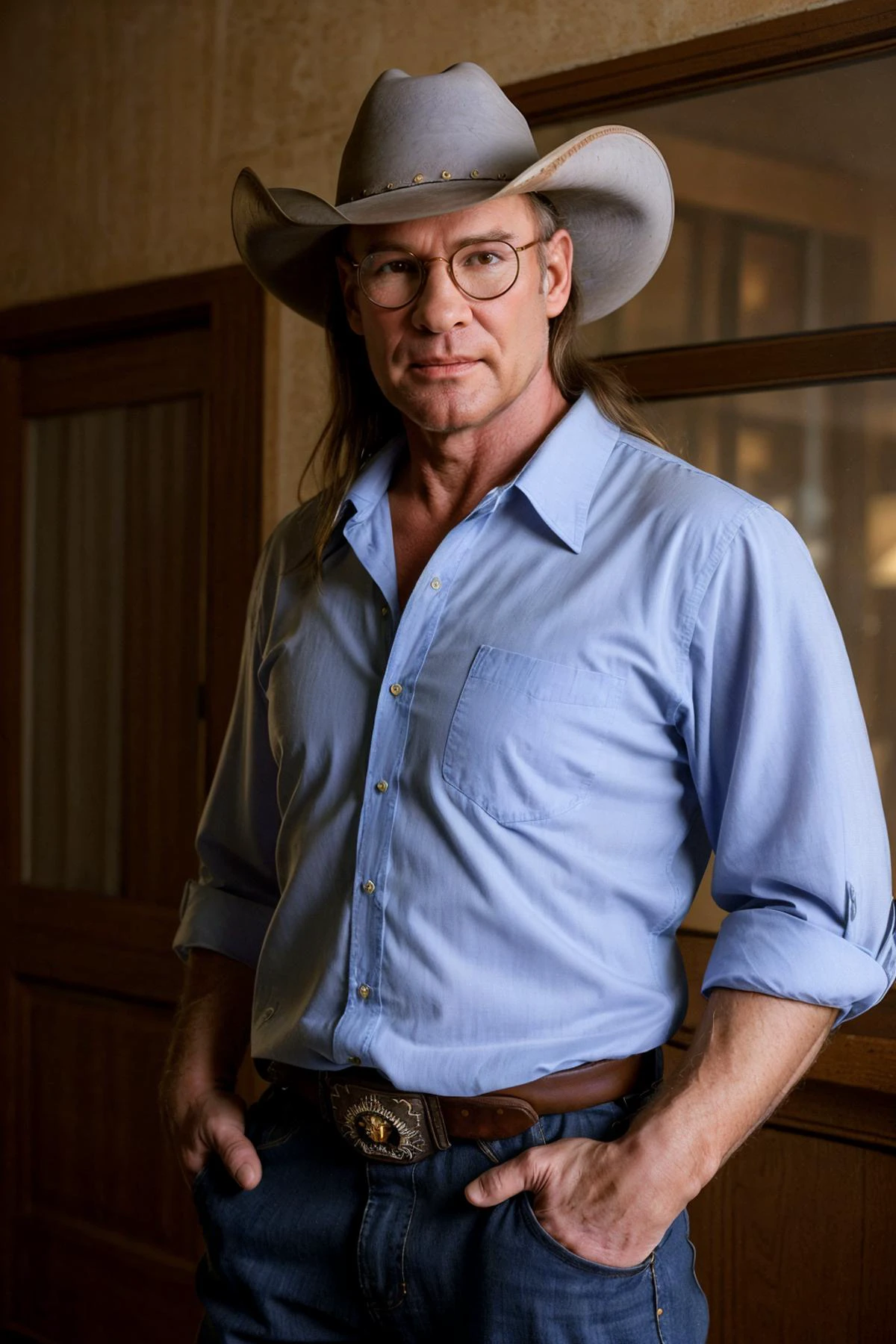 man, 40 years old, <lora:mitch_pileggi:0.8> mitch pileggi, long hair, cowboy hat, glasses, shirt, highly detailed, 8k, cinematic, realistic,