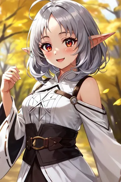 masterpiece, best quality , (red eyes:1.2), silver hair, (Sylphiette:0.8), ahoge, small breast , short hair, white dress, long sleeves, elf ears