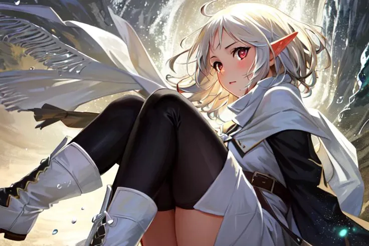 1girl, (cute:1.1), masterpiece, best quality, looking at viewer, face only, portrait, somber expression, hyper-detailed, photorealistic, ultra realistic, realistic light, unity, hard lighting, intricate details, stop motion, hyperfocus, tonemapping, sharp focus, hyper detailed, scary, zoom out, villian, colorful, beautiful,, colorful, vibrant colors, portal to another world, red nail polish, side view, ultra realistic, intricate details, elegant, hyper realistic, tonemapping, hyperfocus, sharp focus, face, ,embarrassment, drops of water on the face, (red eyes:1.2),white hair, (Sylphiette:0.8), ahoge, small breast , short hair, short white European sundress with black trim, (white puffy sleeves:1.1576), (white long sleeves:1.1576), tan wicker belt , sailor collar black , white knee high boots , (green adventuring shawl:1.4) , elf ears, (khyle-style:0.8)