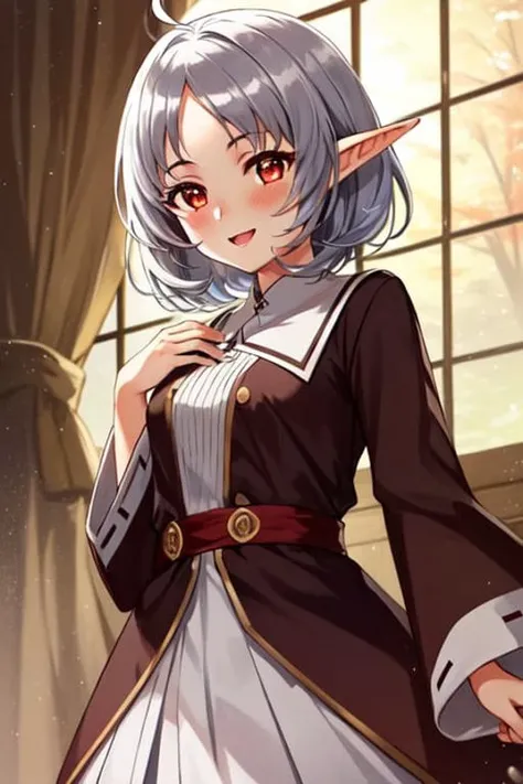 masterpiece, best quality , (red eyes:1.2), silver hair, (Sylphiette:0.8), ahoge, small breast , short hair, white dress, long sleeves, elf ears