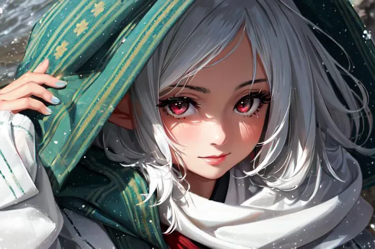 1girl, (cute:1.1), masterpiece, best quality, looking at viewer, face only, portrait, somber expression, hyper-detailed, photorealistic, ultra realistic, realistic light, unity, hard lighting, intricate details, stop motion, hyperfocus, tonemapping, sharp focus, hyper detailed, scary, zoom out, villian, colorful, beautiful,, colorful, vibrant colors, portal to another world, red nail polish, side view, ultra realistic, intricate details, elegant, hyper realistic, tonemapping, hyperfocus, sharp focus, face, ,embarrassment, drops of water on the face, (red eyes:1.2),white hair, (Sylphiette:0.8), ahoge, small breast , short hair, short white European sundress with black trim, (white puffy sleeves:1.1576), (white long sleeves:1.1576), tan wicker belt , sailor collar black , white knee high boots , (green adventuring shawl:1.4) , elf ears, (khyle-style:0.8)