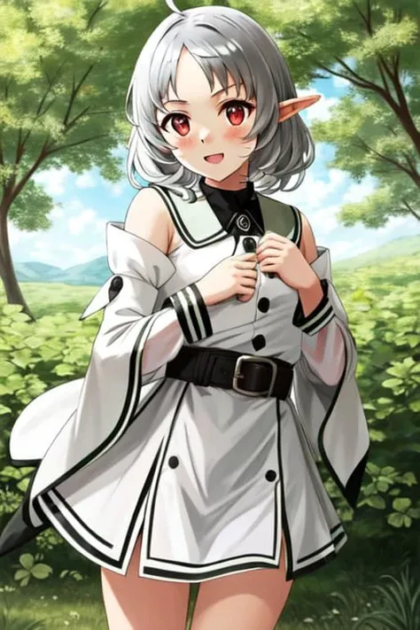 masterpiece, best quality , \(red eyes:1.2\), silver hair, \(Sylphiette:0.8\), ahoge, small breast , short hair, white dress, long sleeves, elf ears, lose hair strands, small breast, medium hair, detailed silver hair, floating hair, short white European sundress with black trim, (white puffy sleeves:1.1576), (white long sleeves:1.1576), tan wicker belt , sailor collar black , white knee high boots , (green adventuring shawl:1.1025),