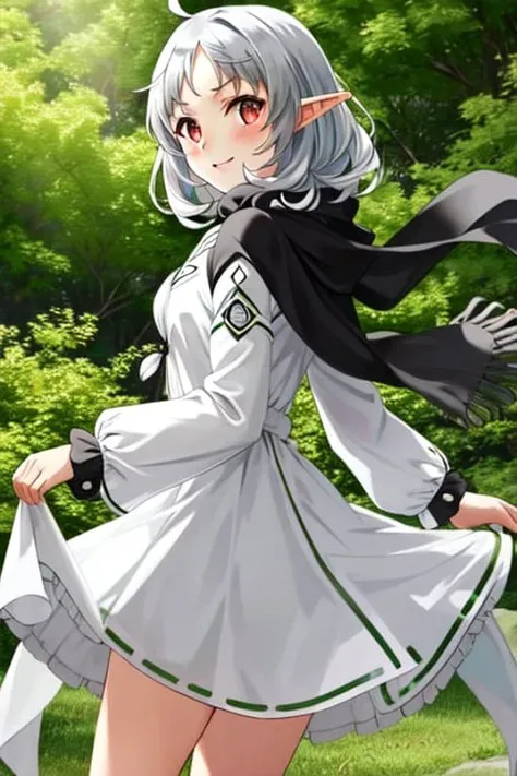 masterpiece, best quality , \(red eyes:1.2\), silver hair, \(Sylphiette:0.8\), ahoge, small breast , short hair, white dress, long sleeves, elf ears, floating hair, short white European sundress with black trim, (white puffy sleeves:1.1576), (white long sleeves:1.1576), tan wicker belt , sailor collar black , white knee high boots , (green adventuring shawl:1.5),