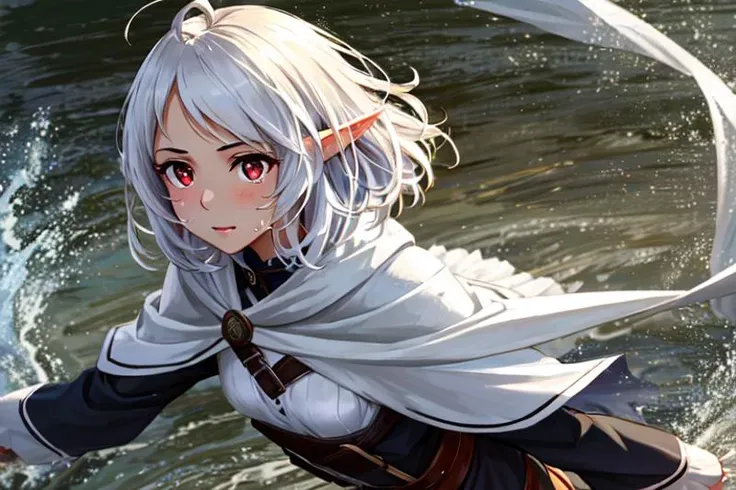 1girl, (cute:1.1), masterpiece, best quality, looking at viewer, face only, portrait, somber expression, hyper-detailed, photorealistic, ultra realistic, realistic light, unity, hard lighting, intricate details, stop motion, hyperfocus, tonemapping, sharp focus, hyper detailed, scary, zoom out, villian, colorful, beautiful,, colorful, vibrant colors, portal to another world, red nail polish, side view, ultra realistic, intricate details, elegant, hyper realistic, tonemapping, hyperfocus, sharp focus, face, ,embarrassment, drops of water on the face, (red eyes:1.2),white hair, (Sylphiette:0.8), ahoge, small breast , short hair, short white European sundress with black trim, (white puffy sleeves:1.1576), (white long sleeves:1.1576), tan wicker belt , sailor collar black , white knee high boots , (green adventuring shawl:1.4) , elf ears, (khyle-style:0.8)