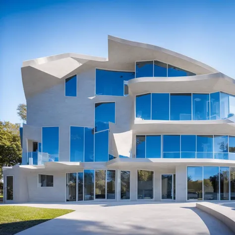 a photo of a 3D  modern house with the sky blue rocks shapes and forms in the modern style, epic sky, modern, glass windows,