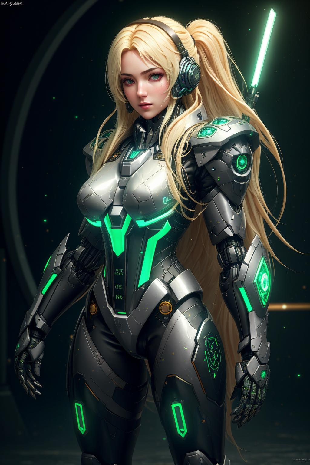 A woman in a futuristic suit with a sword and headphones - SeaArt AI