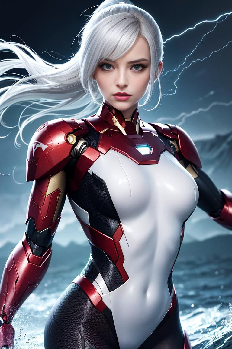 absurdres, best quality, 1girl, solo, eye focus, looking at viewer, <lora:samus-nvwls-v1:0.9>, samus aran, ponytail, hair tie, white gloves, white bodysuit, futuristic knight, (silver, long hair), mecha girl, mechanical parts, under the water, Expressive Hues, Vibrant Palette, Black and white clothes, ironman suit <lora:more_details:0.5> <lora:mecha_offset:2>, <lora:fishnet_bodysuit_v10:1>, fishnets, floating hair, <lora:waterVFX:1>, striking <lora:striking:1>, succubus, ethereal background, (dramatic angle, dynamic pose), <lora:GPTS6 Hella-sthetic_424353:1> <lora:add_detail_v5:1> <lora:add_detail:1> <lora:detailed_eye_V2:1> <lora:hairdetailer:2>, storm, lightning, wet hair, <lora:zovyasWetHair_v1:5>, rain, wet body, wind, <lora:Wetshirt:1>, cyborg shark
