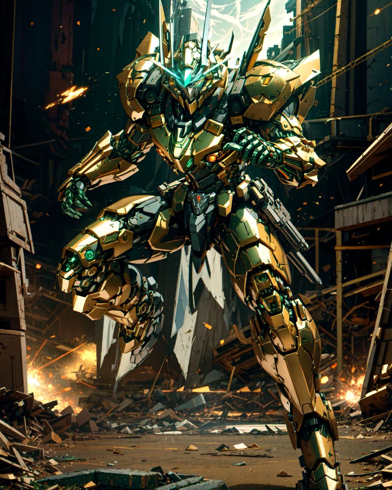 full_body photo of mecha, headgear, (glowing eyes),  
sea_turtle_green armor, golden_brown reflected armor, covered in full silver armor, arknights, wearing thunder armor, intricate assasin mecha armor, greek god in mecha style, grimdark paladin,  
(big muscular:1.3),
(dynamic_pose, action:1.4),
volumetric light, mechanical parts, robot joints,  joint glow,
strong wind, light particles, bokeh, messy background, cyberpunk, (detailed, best quality:1.4), realistic <lora:mecha_offset:1>, <lora:AMechaSSS[color_theme,mecha musume, mechanical parts,robot joints,headgear]:1>, <lora:QuickHandV2:0.6> QuickHands