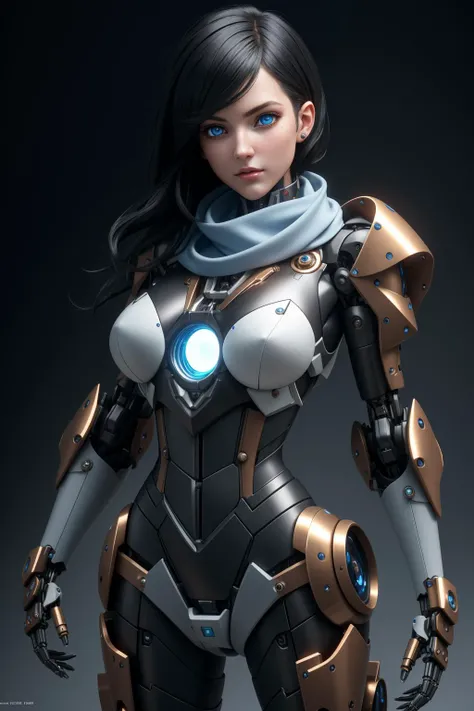 sharp focus, octane render, concept art, a photo of a beautiful woman, posing fror a picture, babe, mecha musume, mechanical parts, robot joints, bodysuit, <lora:mecha_offset:0.8>, intricate, studio lighting, steampunk, realistic eyes, light blue eyes, black hair, hair scarf, medium breasts, dark background,
