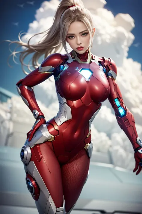 absurdres, best quality, 1girl, solo, eye focus, looking at viewer,   <lora:samus-nvwls-v1:0.9>, samus aran, ponytail, hair tie, red gloves, red bodysuit, futuristic knight, (silver, long hair), mecha girl, mechanical parts, on the sky, Expressive Hues, Vibrant Palette, Black and white clothes, ironman suit <lora:more_details:0.5> <lora:mecha_offset:2>, <lora:fishnet_bodysuit_v10:1>, fishnets, floating hair,  <lora:waterVFX:1>, striking cloudy <lora:striking:1>