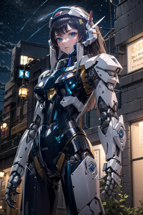 ((masterpiece,best quality, detailed)), cowboy shot, outdoors, night, cityscape, starry sky, <lora:mecha_offset:1>, mechanical parts, robot joints, black bodysuit, robot, gundam