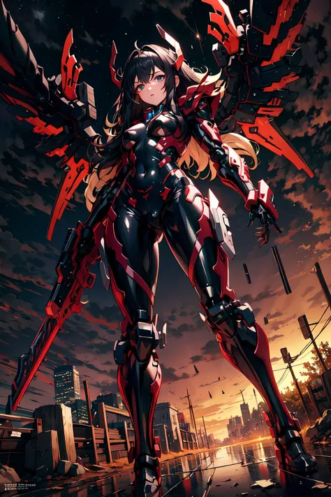 masterpiece, best quality, official art, (hand by Guido Daniele), extremely detailed CG unity 8k wallpaper, 1girl, solo, mecha musume, extremely long black hair, <lora:mecha_offset:0.75>, black armor, dark red glow, black wings,  <lora:add_detail:0.25>, flying, night sky, skyline