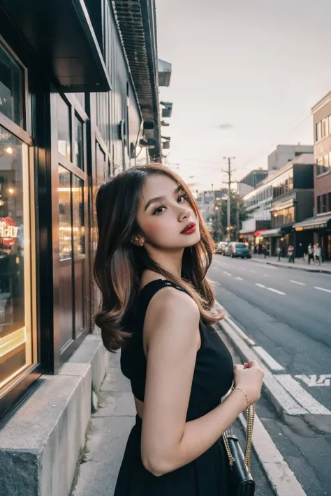 glamour photo of teresa_jia, amidst a bustling city, upper body framing, in a street photography setting, golden hour lighting:1.3), shot at eye level, on a Fujifilm X-T4 with a 50mm lens, <lora:teresa_jia-14:0.9>