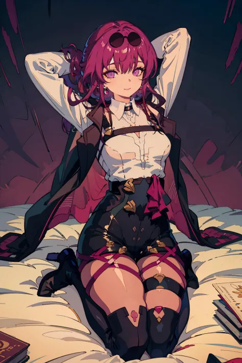 masterpiece, best quality, absurdres, perfect anatomy,origin,1girl, solo, purple eyes, bangs, long hair, KafkaOutfit, sunglasses, eyewear on head, choker, long sleeves, collared shirt, black shorts, purple gloves, purple straps, pantyhose, arm strap, earrings, thigh boots, thigh strap, smile, (seiza, arms behind head), bed <lora:kafka-768-000009:1> <lora:ligneart(cogecha):0.7>