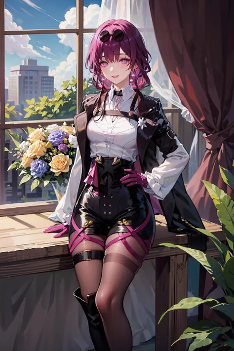 masterpiece, best quality, absurdres, perfect anatomy,origin,1girl, black choker, black footwear, black jacket, black shorts, asymmetrical legwear, boot, bouquet, building, chest strap, choker, cloud, curtains, day, earrings, eyewear on head, feet out of frame, flower, frilled sleeves, frills, gloves, hair tucking, hand up, high-waist shorts, holding, holding bouquet, jacket, jacket on shoulders, jewelry, knee boots, leaf, leaning, legwear garter, long sleeves, looking at viewer, medium hair, pantyhose, pantyhose under shorts, purple eyes, purple gloves, purple hair, purple pantyhose, rose, round eyewear, shirt, shorts, sidelocks, single earring, sky, smile, solo, sunglasses, vase, white flower, white shirt, window, yellow flower, yellow rose<lora:kafka-768-000009:1>