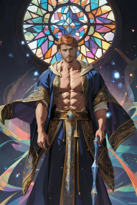 (handsome young cleric conjuring magic), facial hair, (shirtless), (intricate robes of many colors), swirling robes, best quality, absurdres, masterpiece, light particles, stained glass, realistic face, realistic skin, (skin pores:1.2), (bodybuilder), ginger, (short hair),