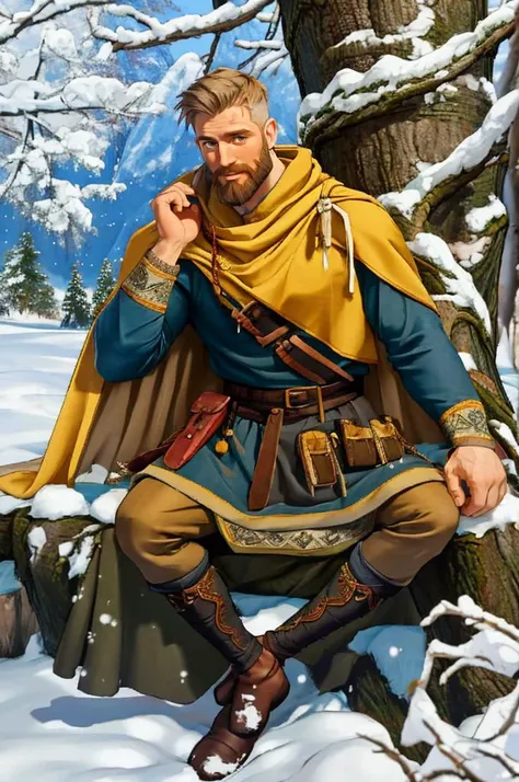 skinny Swedish man in a forest, sitting on the floor, beard, late thirties age, uppercut, (scarred face),
(norsemenclothes), brown pants, grey cloak, yellow embroidered tunic, belt, cape, satchel,
fjord, light snow,