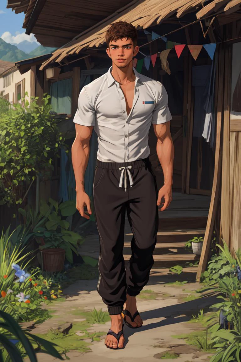 8k, uhd, dslr realistic, masterpiece, best quality, hugely detailed, hyperrealism, RAW photo, 18 years old Venezuelan man male, ((full body)), (Lean:1.2), Button-down Shirt, Track pants, walking through a fantasy village, squatting, Brown Shaggy hair, stubble, Mischievous, smooth body, Flip-flops,