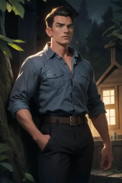 (full shot), intricate, elegant, masterpiece, best quality, highres, male focus, solo, photo of (50s_jacob_cutos:1) <lora:jacob_custos-10:0.50>, outdoors, charcoal grey shirt, trousers, black belt, sharp focus, photo by greg rutkowski, soft lighting, vibrant colors, (masterpiece), looking at viewer, (style of Jack Kirby:Steve Ditko:0.5), (comic), illustrated, cabin in woods