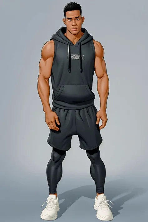 <lora:v4_p_josman-10:1> handsome black man wearing a sleeveless hoodie, faded hi-top, wearing compression leggings and white sneakers