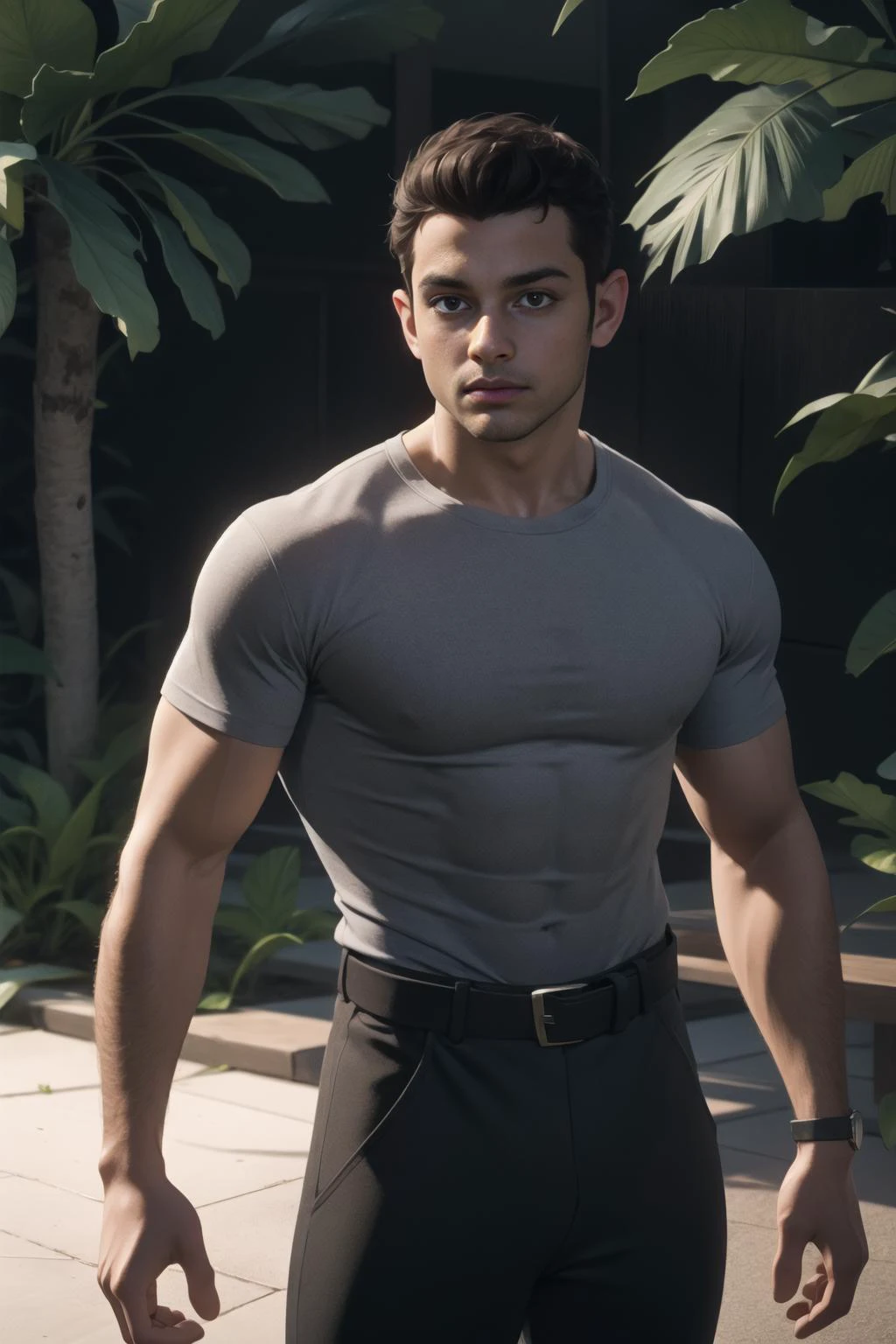 (full shot), intricate, elegant, masterpiece, best quality, highres, male focus, solo, photo of (50s_jacob_cutos:1) <lora:jacob_custos-10:0.50>, outdoors, charcoal grey shirt, trousers, black belt, sharp focus, photo by greg rutkowski, soft lighting, vibrant colors, (masterpiece), looking at viewer, (style of Jack Kirby:1)