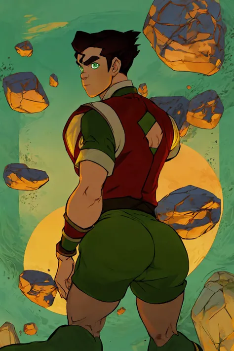 from behind, homoerotic male bolin (avatar) posing, <lora:add_detail:0.5>, ass, ass showing, <lora:diffusiondudes_Bolin (Avatar)_V1-10:1>, bottomless, no pants, geomancer, rock, green eyes <lora:Concept - Geomancer:0.65>