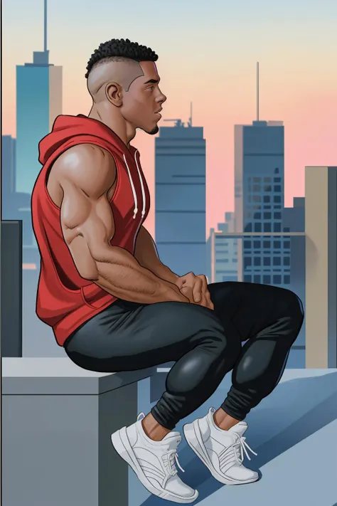 <lora:v4_p_josman-10:1> handsome black man wearing a sleeveless hoodie, faded hi-top, wearing compression leggings and white sneakers, sitting on a city rooftop
