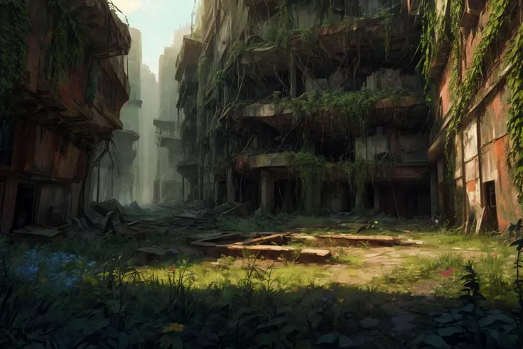 8k, realistic, vray, HDR, 6000K, in a post-apocalyptic overgrown park, weedy flower beds, bright flowers, rusted playground, dried fountain, mossy benches. <lora:PostApocalyptic_v4:0.6> SZ_4po enviroment
<lora:add_detail:1.2>