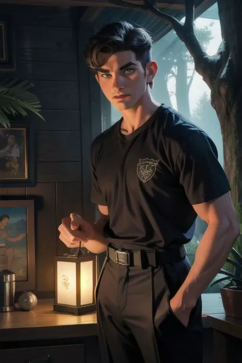 (full shot), intricate, elegant, masterpiece, best quality, highres, male focus, solo, photo of  (50s_jacob_cutos:1) <lora:jacob_custos-10:0.50>, outdoors, charcoal grey shirt, trousers, black belt, sharp focus, photo by greg rutkowski, soft lighting, vibrant colors, (masterpiece), looking at viewer,  (style of Jack Kirby:Steve Ditko:0.5), (comic), illustrated, cabin in woods