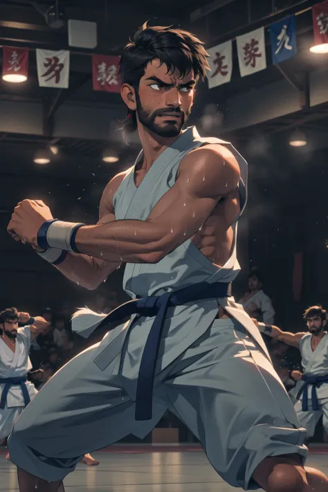 Masterpiece, highres, (1boy, slim, 19yo, indian male), scruffy hair, stubble, karate gi, fighting pose, serious face, sweaty, dojo arena, (surrounded by cheering pupils), volumetric lighting