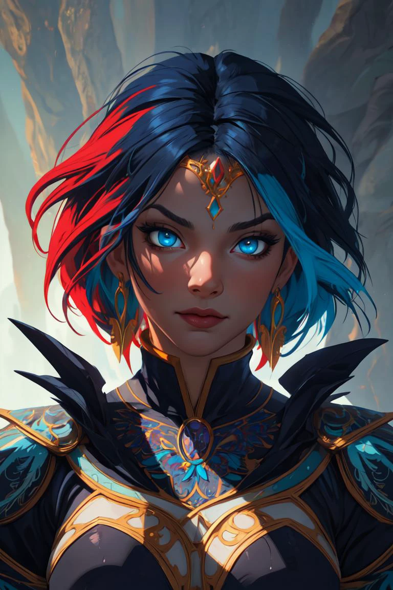 (masterpiece), ultra-detailed, (high detailed:1.2), (best quality:1.0), woman, a godess, Beautiful raven woman with cyan flaming hair Captivating eyes 8k resolution concept art, by Karol Bak and Michael Divine. Dynamic lighting, hyperdetailed intricately, detailed Splash art, trending on Artstation, triadic colors, complimentary colors,