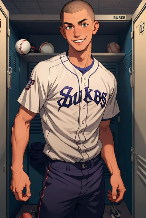 1 male, (20yo, slim), baseball shirt, buzzcut, leaning into locker, baseball pants, proud smile, locker room, closeup,