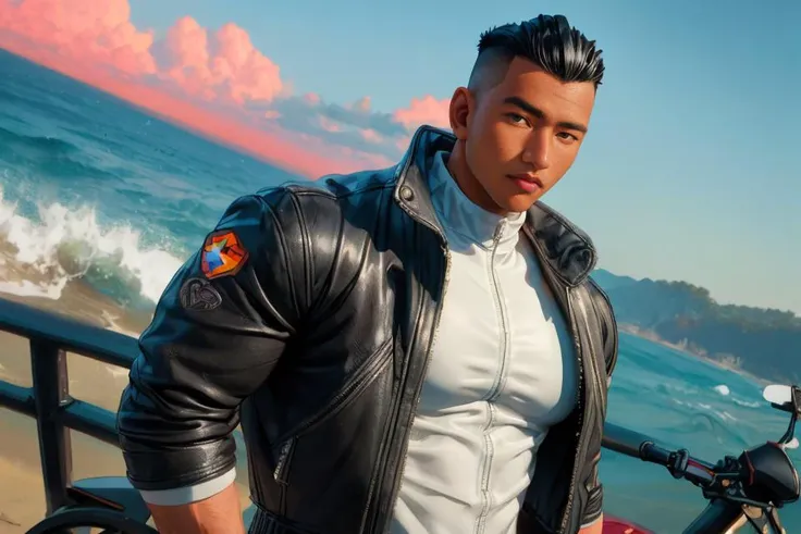 <lora:syahnkV4-08:0.8>, syahnk,front view ,1man,22 y.o very huge muscular man wearing white shirt in fit leather jacket,( visible huge pecs and bulging muscular arm in tight jacket,tight leather jacket,detailed jacket,handsome,masculine,military hair,high fade hair,whole body shot,high detailed skin:1.4), full body, coastline, overcast weather, wind, waves,motorbike,8k uhd, dslr, soft lighting, high quality, film grain, Fujifilm XT3 masterpiece, best quality, highres, realistic,DSLR ,<lora:add_detail:1>,