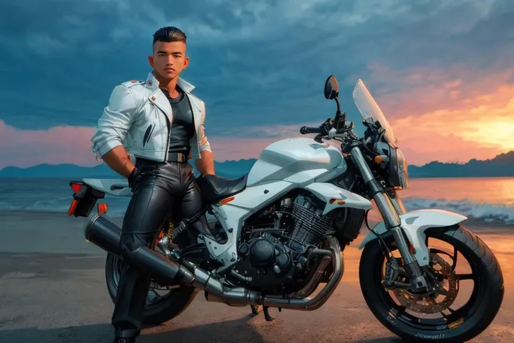 <lora:syahnkV4-08:0.8>, syahnk,front view ,1man,22 y.o very huge muscular man wearing white shirt in fit leather jacket,( visible huge pecs and bulging muscular arm in tight jacket,tight leather jacket,detailed jacket,handsome,masculine,military hair,high fade hair,whole body shot,high detailed skin:1.4), full body, coastline, overcast weather, wind, waves,motorbike,8k uhd, dslr, soft lighting, high quality, film grain, Fujifilm XT3 masterpiece, best quality, highres, realistic,DSLR ,<lora:add_detail:1>,