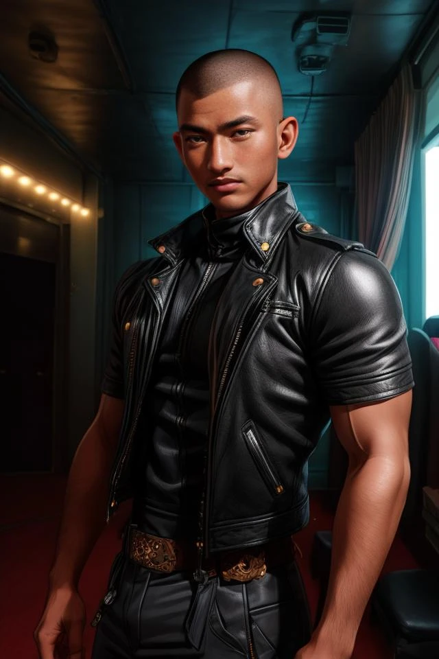 A full body portrait of syahnk,man, wearing fit leather jacket,wearing mono eye patch, (muscular body, buzzcut hairstyle:1.2),rockers, mafia boss,gangster, in room, (detailed face,detailed skin,handsome,masculine,muscular:1.4), gunshot,alpha male,AK47,Sniper,Assassin,killer, 8K UHD, realistic, DSLR, Stage lighting, colour picture,night,<lora:syahnkV4-08:1>,<lora:more_details:1>