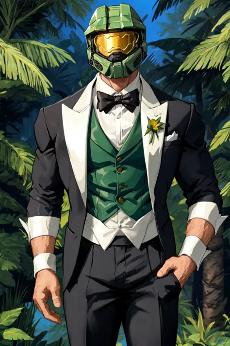 1boy,muscular,<lora:MaskedMale_Mixed:0.7>,(masterpiece, best quality),skinny,jungle,master chief,suit,tuxedo,formal_dress,