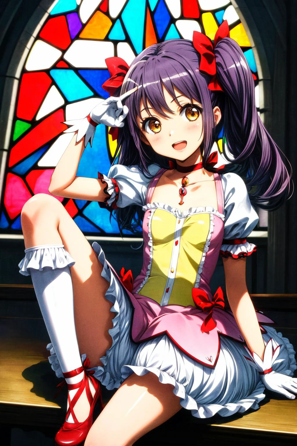 (masterpiece), best quality, (((ultra detailed, 8k quality))), expressive eyes, perfect face, perfect anatomy, perfect body, scene, <lora:scene_:0.7>, <lora:more_details:0.7>, <lora:beautiful_detailed_eyes:0.5>, <lora:GoodHands-beta2:0.7>, <lora:give_it_a_name:0.7>,
<lora:HighSchoolFleet_SurugaRuna:0.8>, SurugaRuna, 1girl, open mouth, light smile, purple hair, brown eyes, long hair, twintails
indoors, church, stained glass, window, sunlight, sitting, knee up, looking at viewer, (madoka outfit) <lora:MadokaCostumePackV1_2:1>